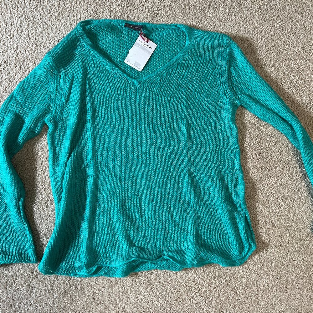NWT Wooden Ships Shirt Tail V-Neck Lightweight Sweater, Teal Plunge, S/M